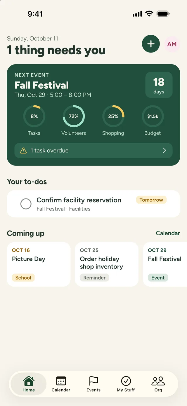 PineBoard's Home screen: the next event's countdown and progress, your to-dos, and what's coming up