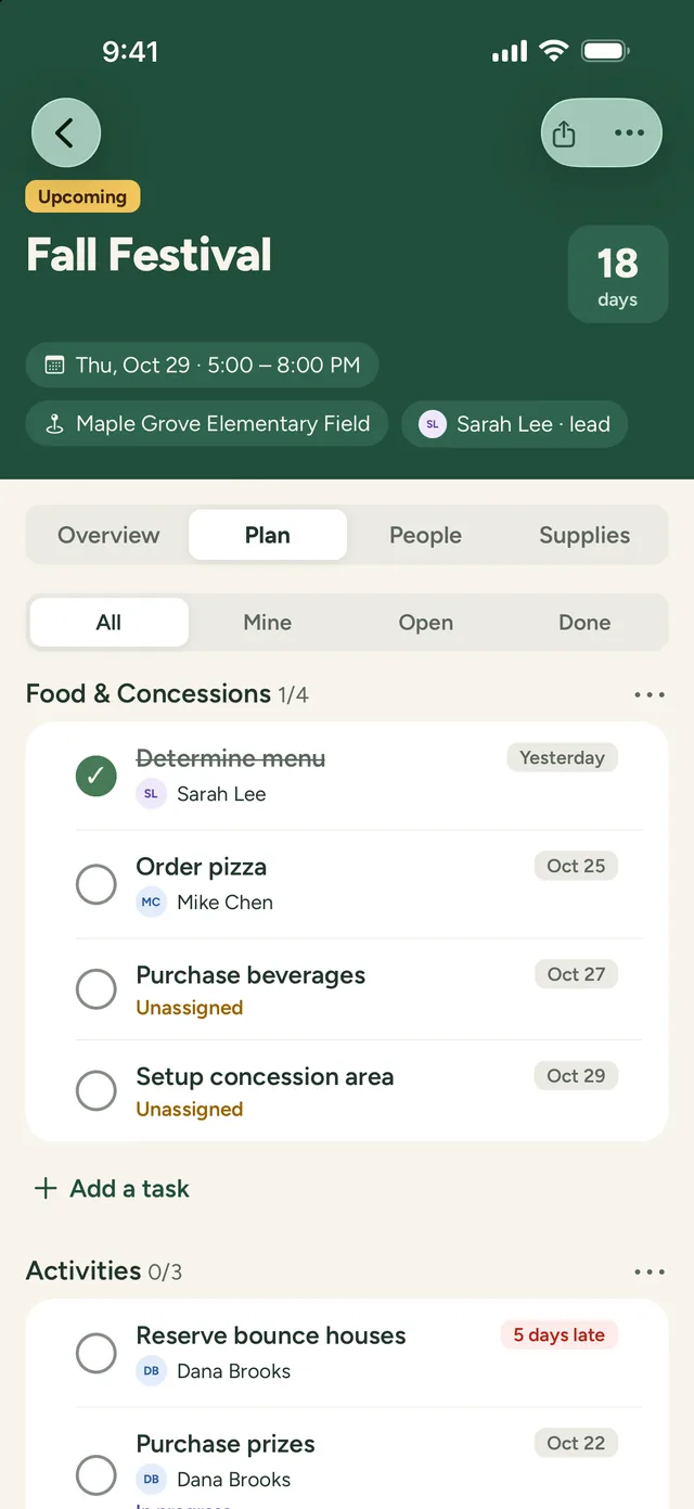 An event's Plan tab: tasks grouped by area, each with an owner and a due date