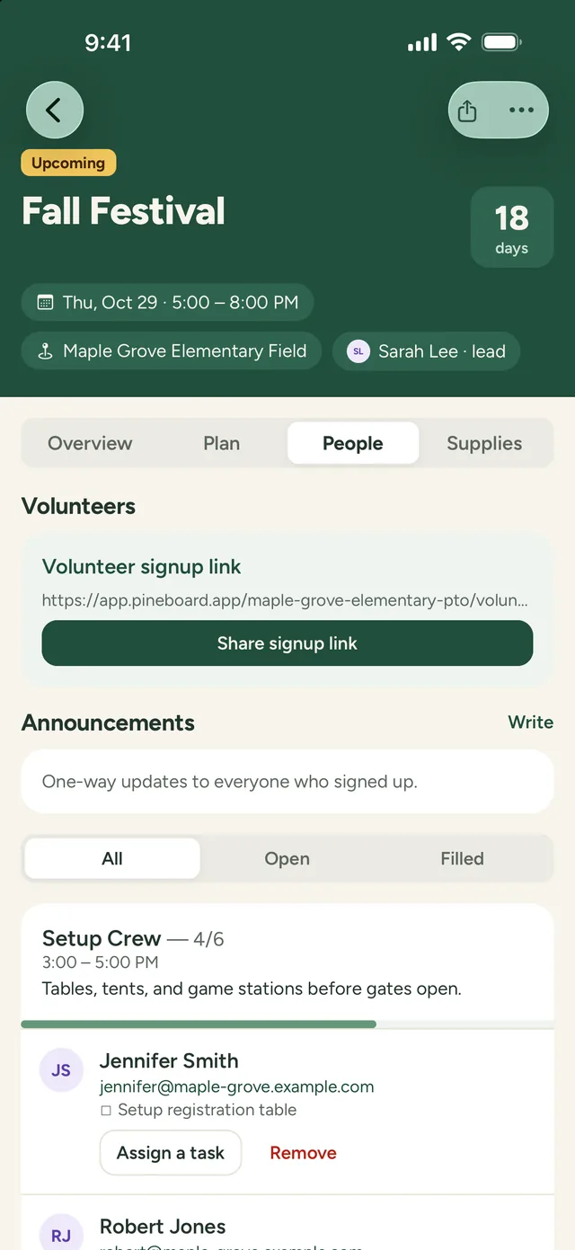 An event's People tab: the volunteer signup link and who signed up for each spot