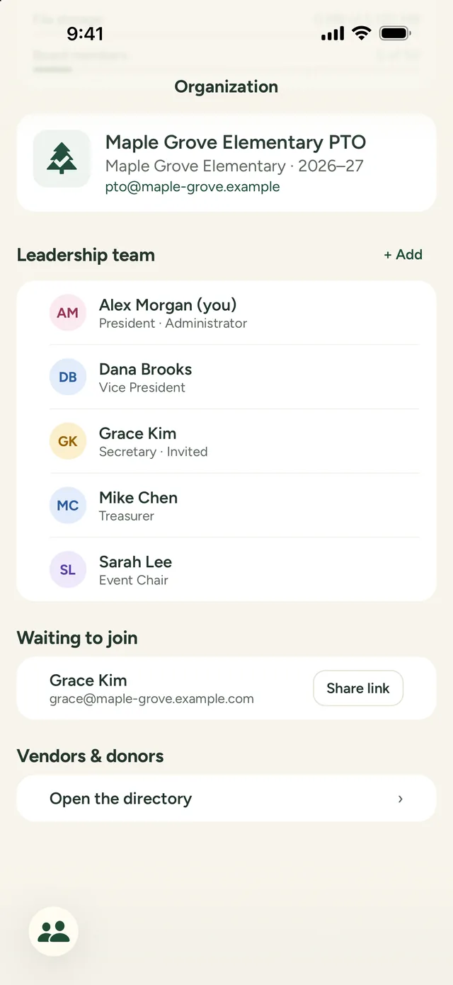 The Organization tab: the leadership team and their roles